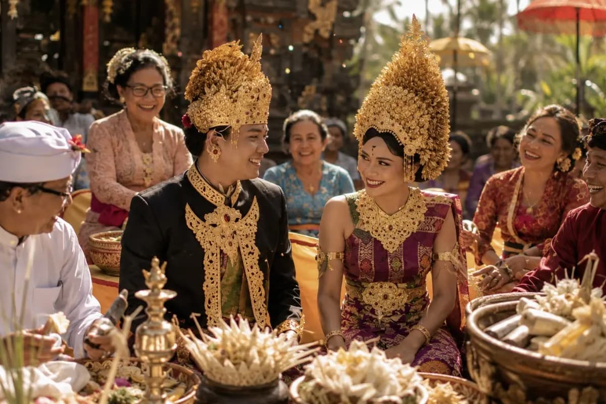 A Balinese bride and groom celebrate a traditional wedding ceremony surrounded by family, offerings, and colorful decorations.